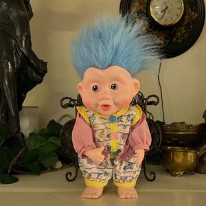 Big Bright Blue Haired Baby Doll Troll 16” including Hair. 1991 Christmas